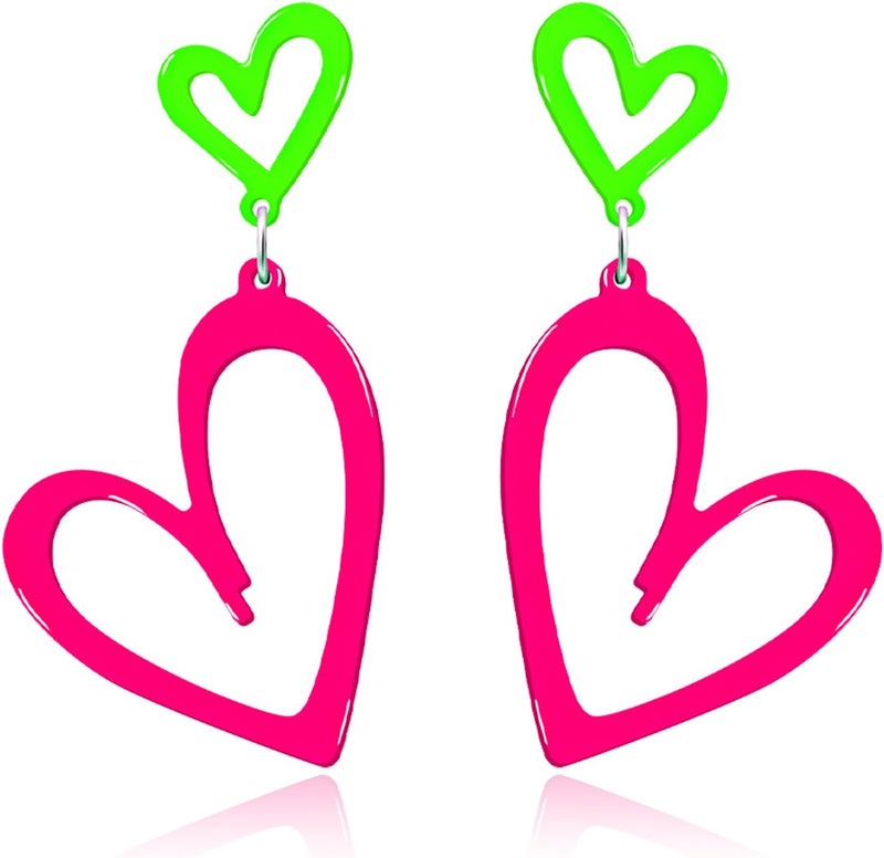 HOLYRY Neon Heart Earrings for Women Acrylic Neon Earrings 80s 90s Outfit for Women Glow Party Accessories Gifts Hot Pink Orange Green Yellow - Image 1
